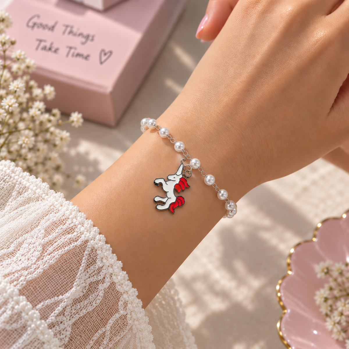 Pearl Unicorn Charm Bracelet for Girls & Women – Red Unicorn Pendant