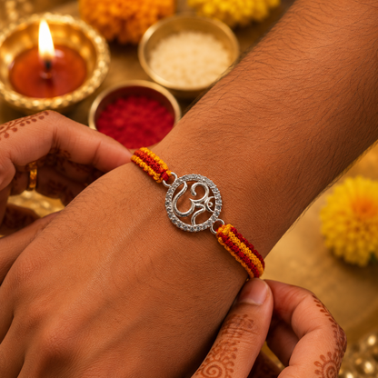 Premium Silver Om Rakhi with Sparkling CZ Stones & Handwoven Thread