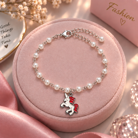 Pearl Unicorn Charm Bracelet for Girls & Women – Red Unicorn Pendant