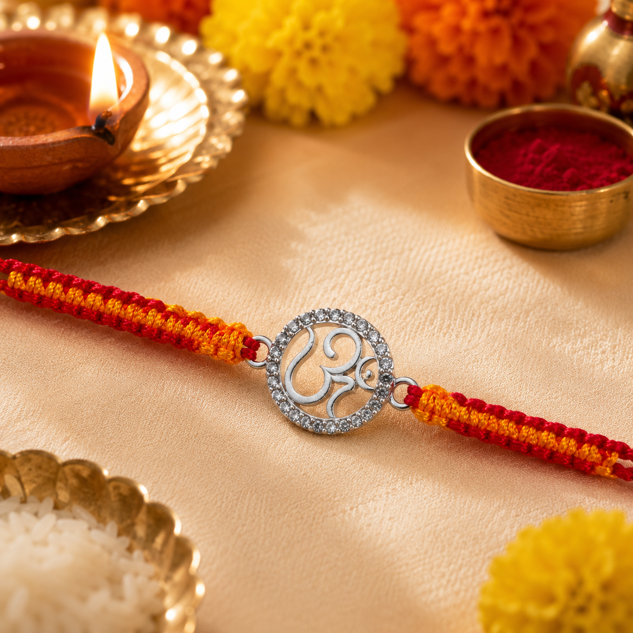 Premium Silver Om Rakhi with Sparkling CZ Stones & Handwoven Thread