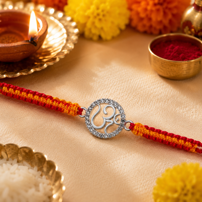 Premium Silver Om Rakhi with Sparkling CZ Stones & Handwoven Thread
