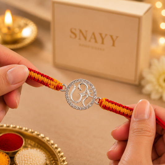 Premium Silver Om Rakhi with Sparkling CZ Stones & Handwoven Thread