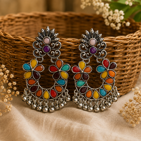 Multicolor Oxidised Silver Jhumka Earrings for Women
