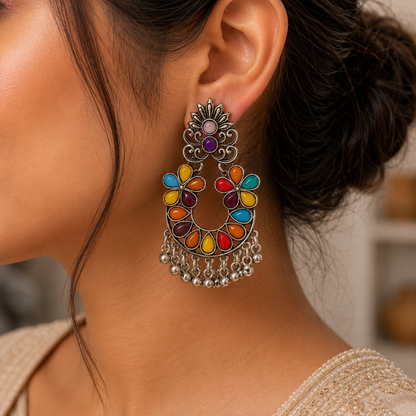 Multicolor Oxidised Silver Jhumka Earrings for Women