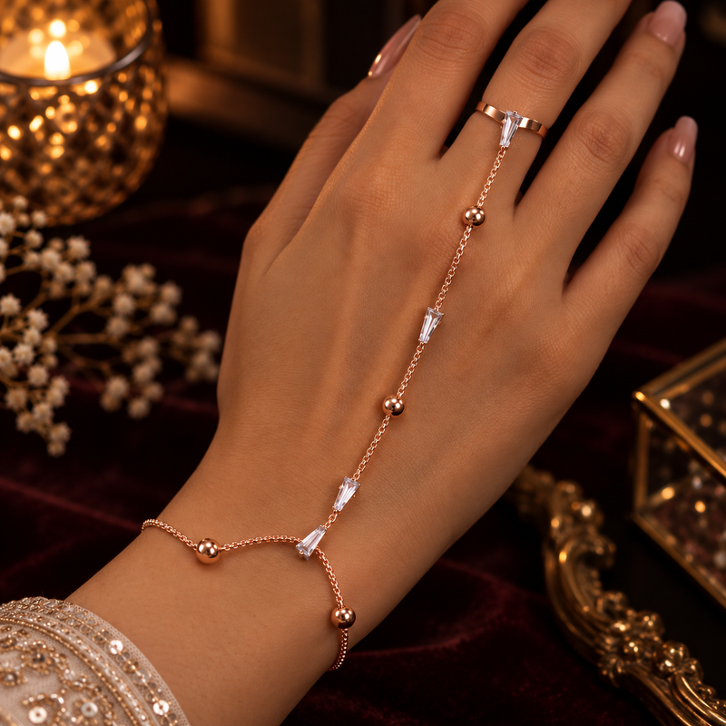 Rose Gold AD Stone Hand Bracelet Ring Combo for Women | Stylish Hand Chain Jewellery