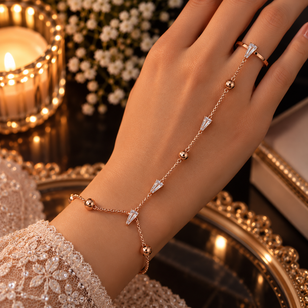 Rose Gold AD Stone Hand Bracelet Ring Combo for Women | Stylish Hand Chain Jewellery