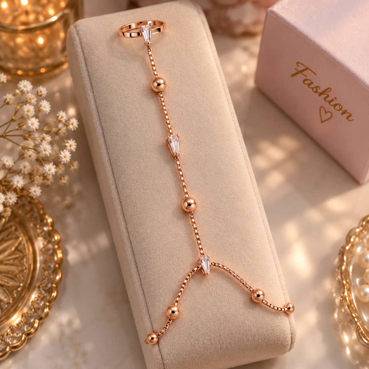 Rose Gold AD Stone Hand Bracelet Ring Combo for Women | Stylish Hand Chain Jewellery