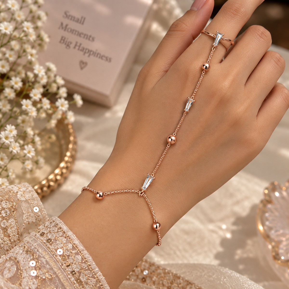 Rose Gold AD Stone Hand Bracelet Ring Combo for Women | Stylish Hand Chain Jewellery