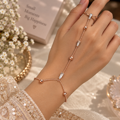 Rose Gold AD Stone Hand Bracelet Ring Combo for Women | Stylish Hand Chain Jewellery