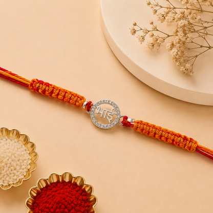 Premium Silver Bhai Rakhi with Sparkling CZ Stone Border & Handwoven Thread