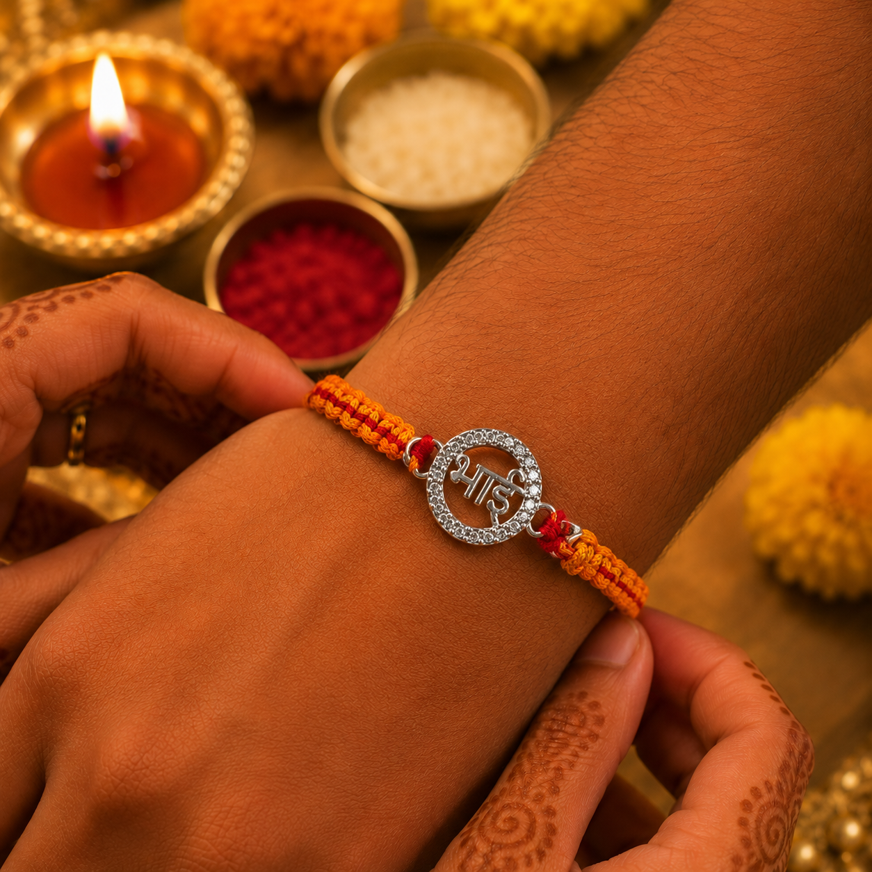 Premium Silver Bhai Rakhi with Sparkling CZ Stone Border & Handwoven Thread