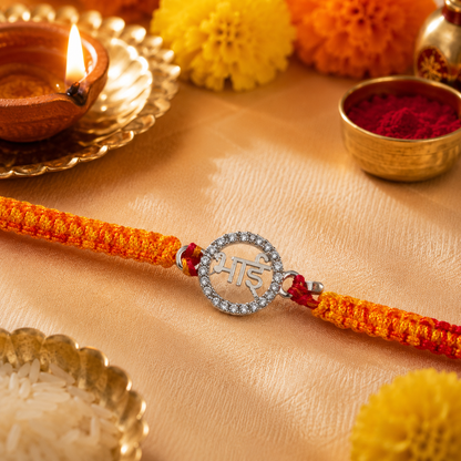 Premium Silver Bhai Rakhi with Sparkling CZ Stone Border & Handwoven Thread