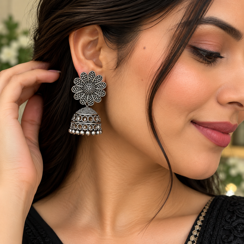 Oxidised Silver Floral Jhumka Earrings for Women | Traditional Dangle Earrings