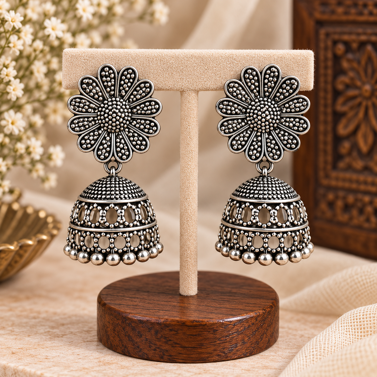Oxidised Silver Floral Jhumka Earrings for Women | Traditional Dangle Earrings
