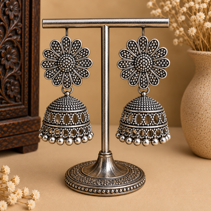 Oxidised Silver Floral Jhumka Earrings for Women | Traditional Dangle Earrings