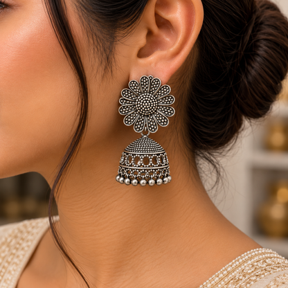 Oxidised Silver Floral Jhumka Earrings for Women | Traditional Dangle Earrings