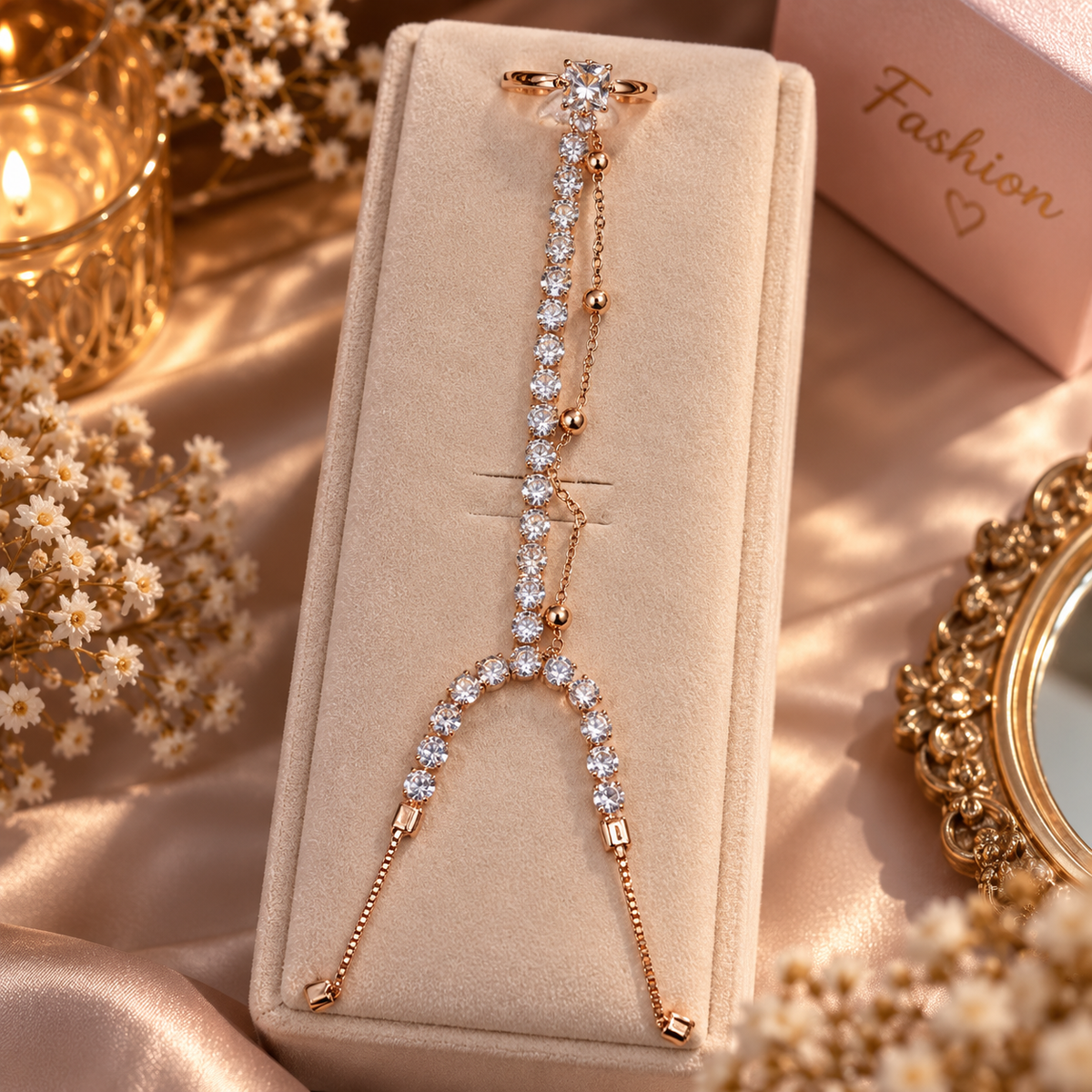 Golden CZ Stone Finger Bracelet Ring – Elegant Hand Chain Jewellery