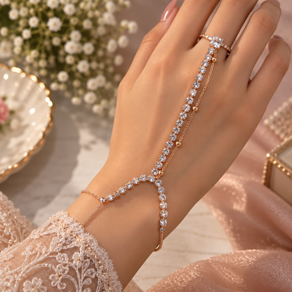 Golden CZ Stone Finger Bracelet Ring – Elegant Hand Chain Jewellery