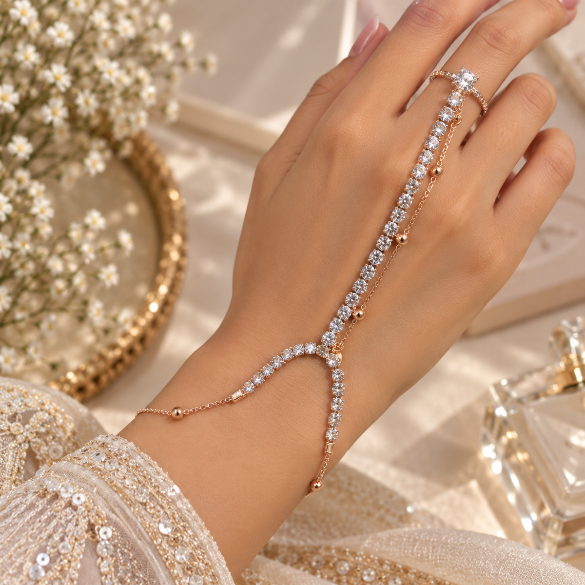 Golden CZ Stone Finger Bracelet Ring – Elegant Hand Chain Jewellery