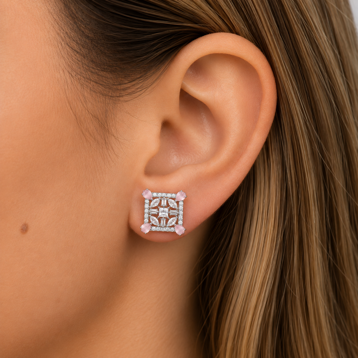 Elegant Pink Crystal Square Stud Earrings for Women
