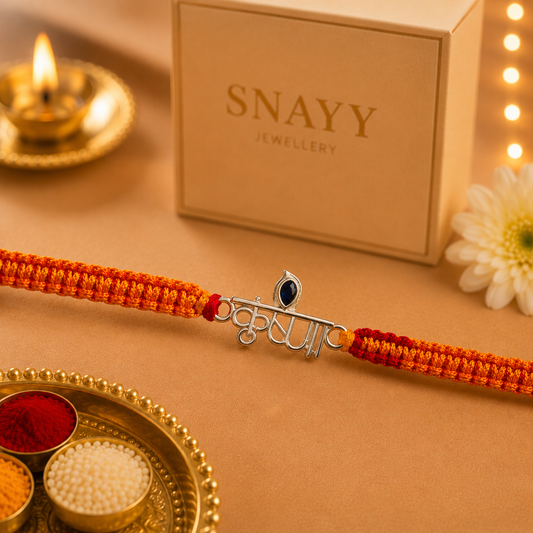 Premium Silver Krishna Rakhi with Blue Stone & Handwoven Thread