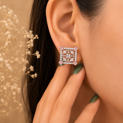 Elegant Pink Crystal Square Stud Earrings for Women