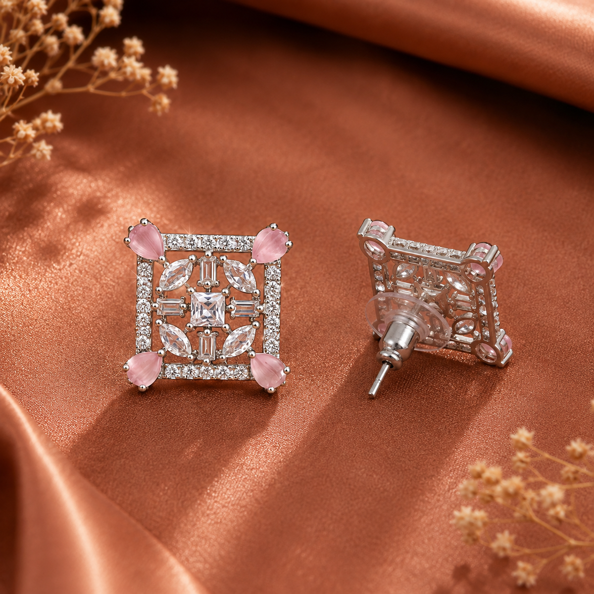 Elegant Pink Crystal Square Stud Earrings for Women