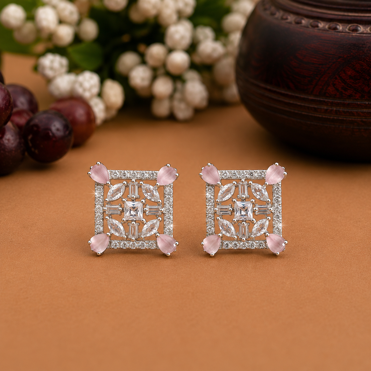 Elegant Pink Crystal Square Stud Earrings for Women