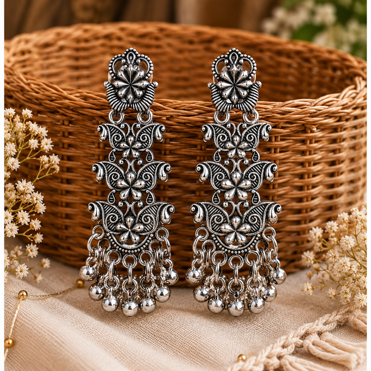 Oxidised Silver Floral Jhumka Earrings for Women | Traditional Statement Earrings