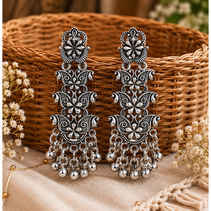 Oxidised Silver Floral Jhumka Earrings for Women | Traditional Statement Earrings