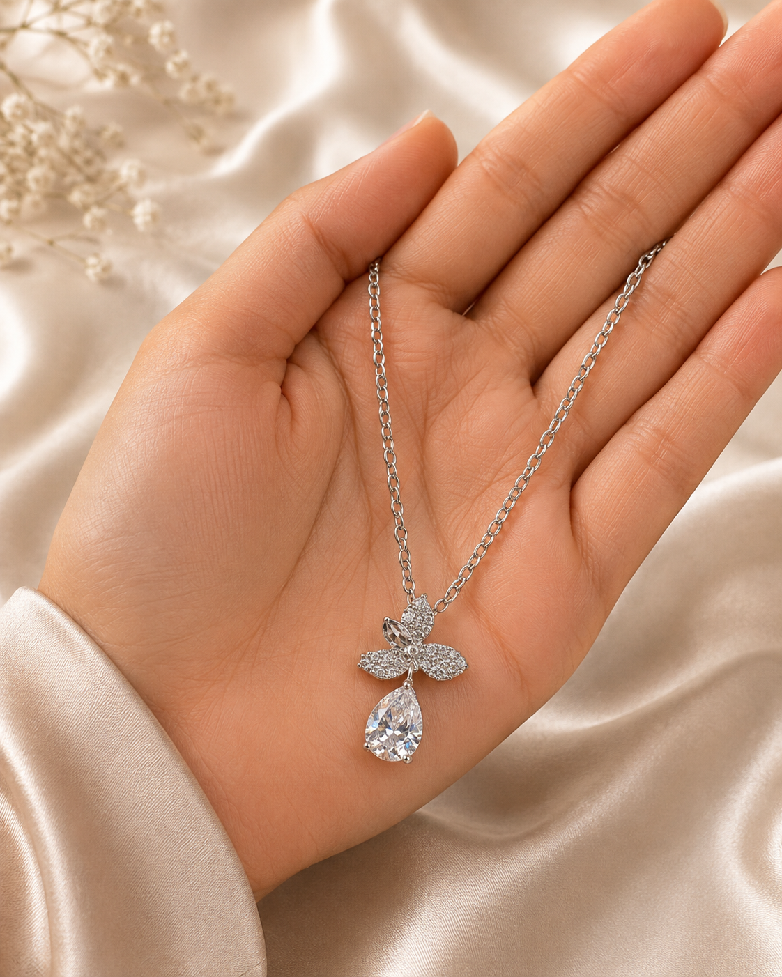 Silver Tone Floral Pendant Necklace for Women