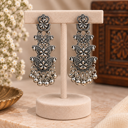 Oxidised Silver Floral Jhumka Earrings for Women | Traditional Statement Earrings