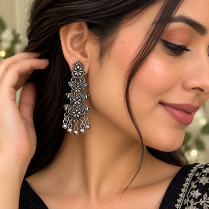 Oxidised Silver Floral Jhumka Earrings for Women | Traditional Statement Earrings
