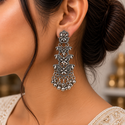 Oxidised Silver Floral Jhumka Earrings for Women | Traditional Statement Earrings
