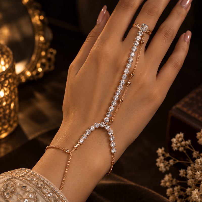 Golden CZ Stone Finger Bracelet Ring – Elegant Hand Chain Jewellery