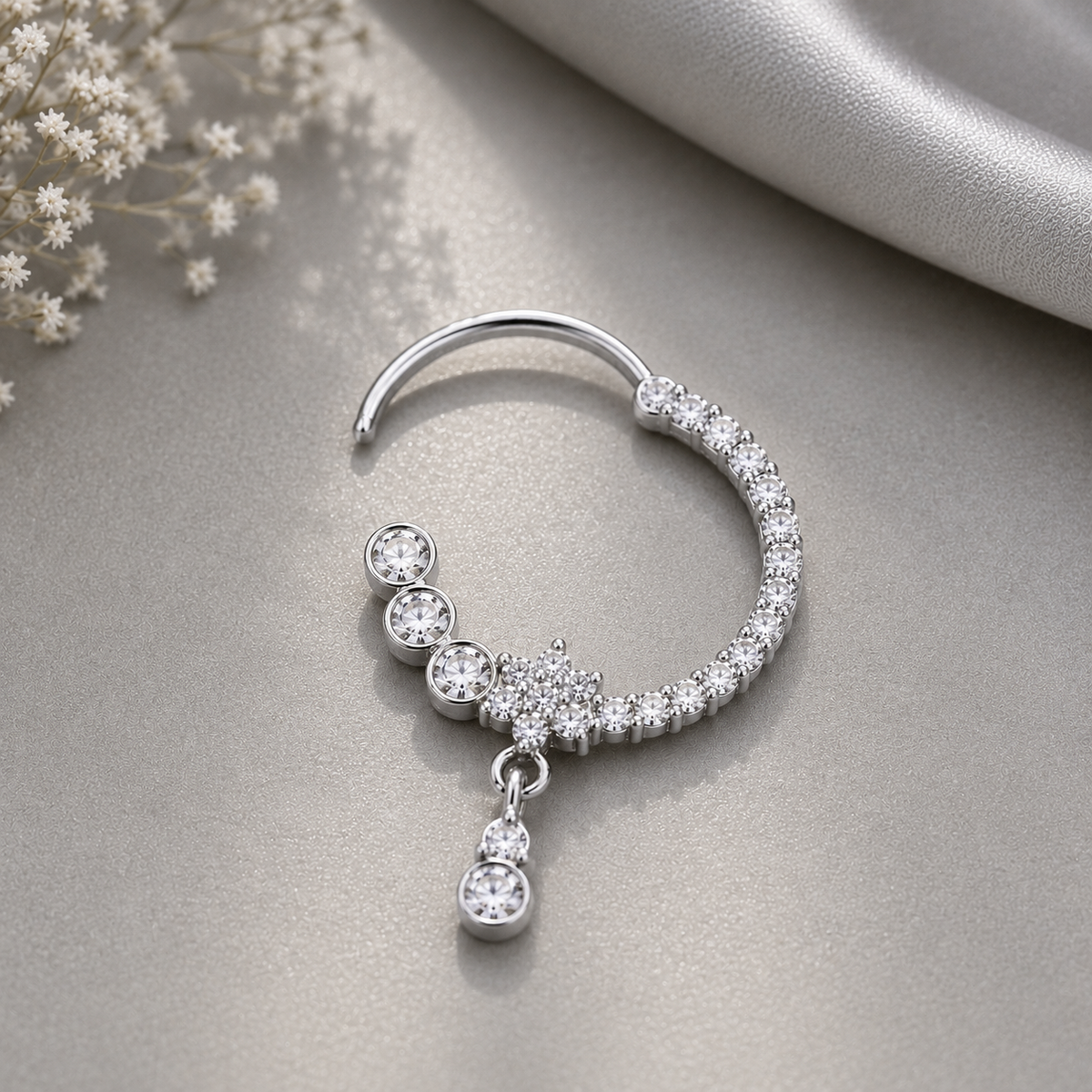 Elegant Silver Crystal Hoop Nose Ring with Drop for Women