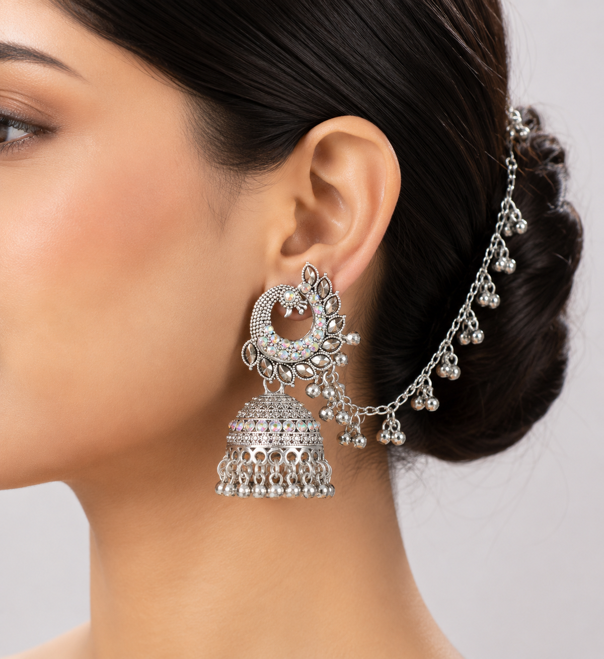 Silver Multicolor Stone Oxidised Jhumka Earrings with Chain