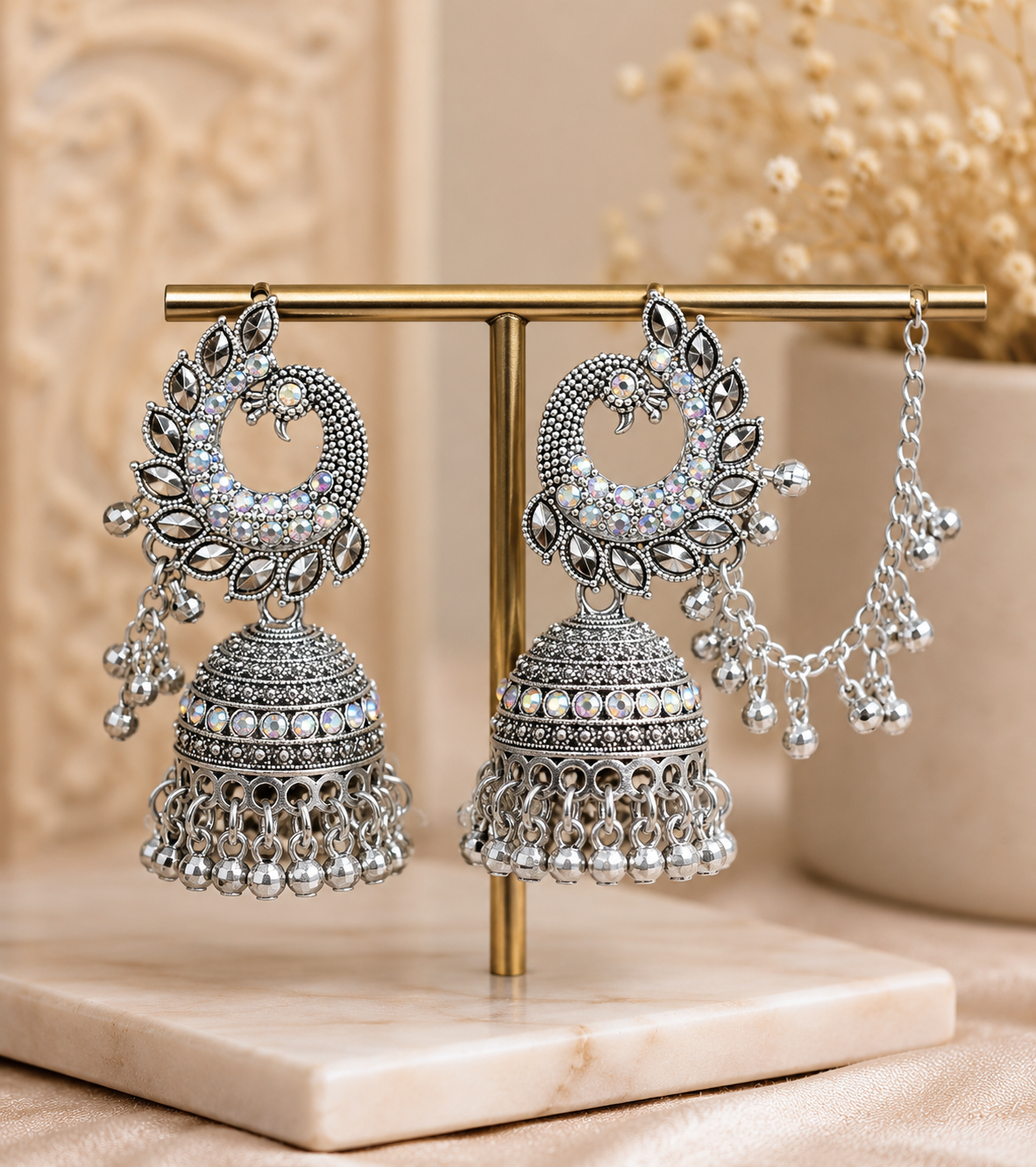 Silver Multicolor Stone Oxidised Jhumka Earrings with Chain