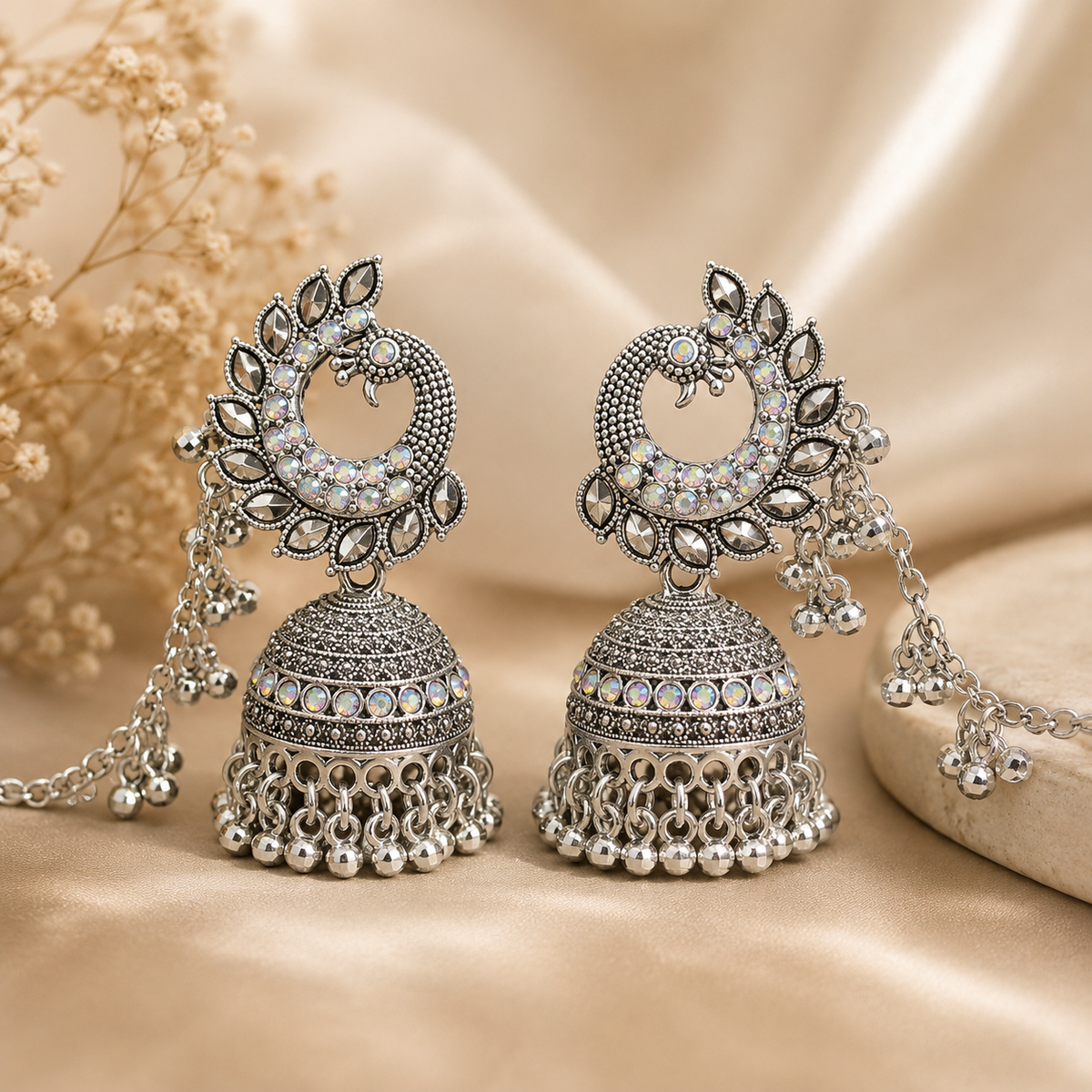 Silver Multicolor Stone Oxidised Jhumka Earrings with Chain