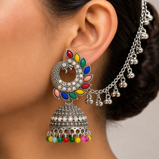 Multicolor Peacock Design Oxidised Jhumka Earrings with Chain
