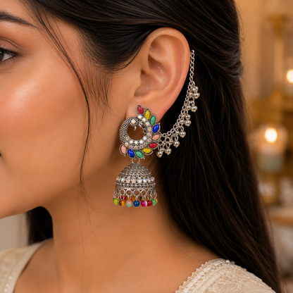 Multicolor Peacock Design Oxidised Jhumka Earrings with Chain