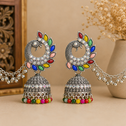 Multicolor Peacock Design Oxidised Jhumka Earrings with Chain