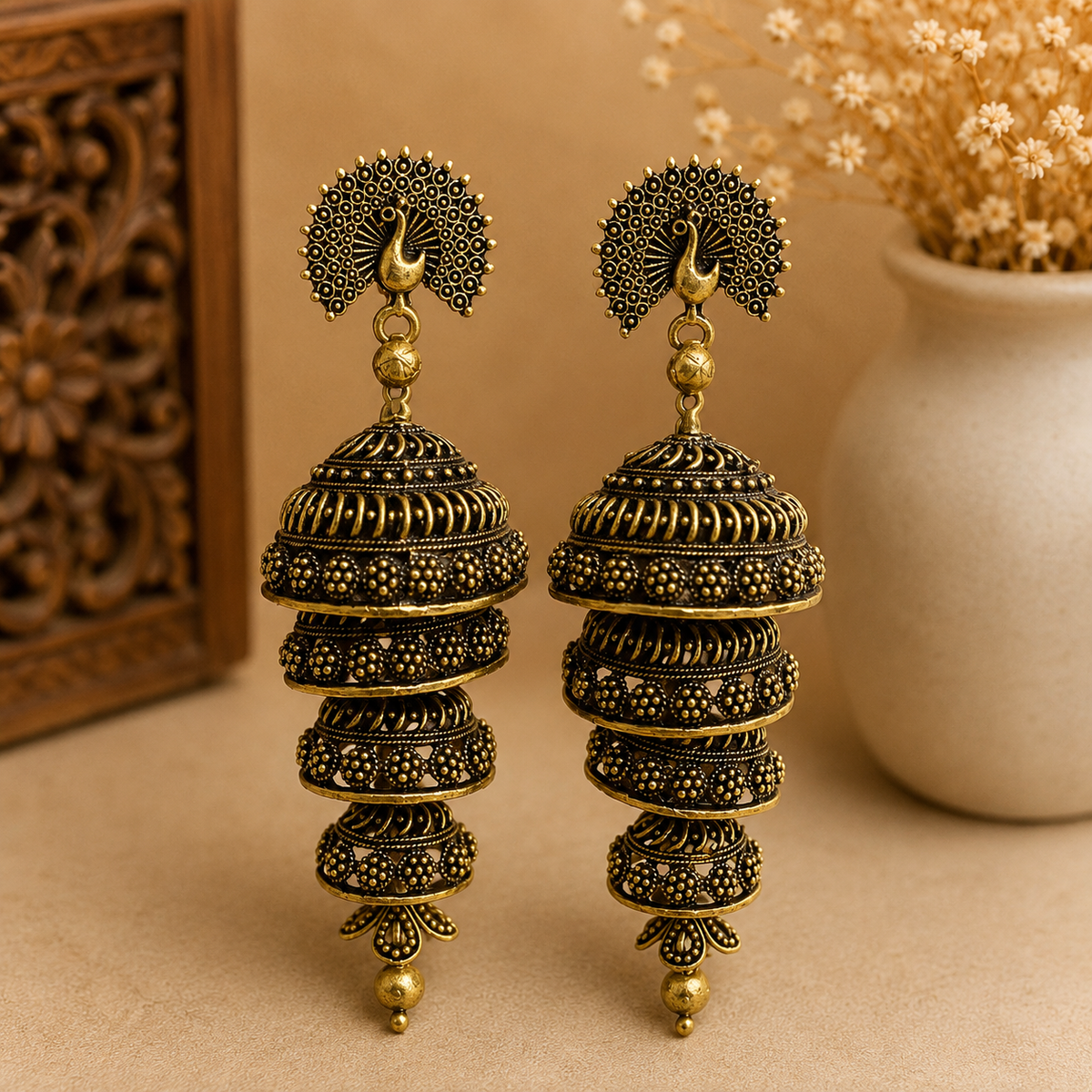 Antique Gold Peacock Long Jhumka Earrings for Women