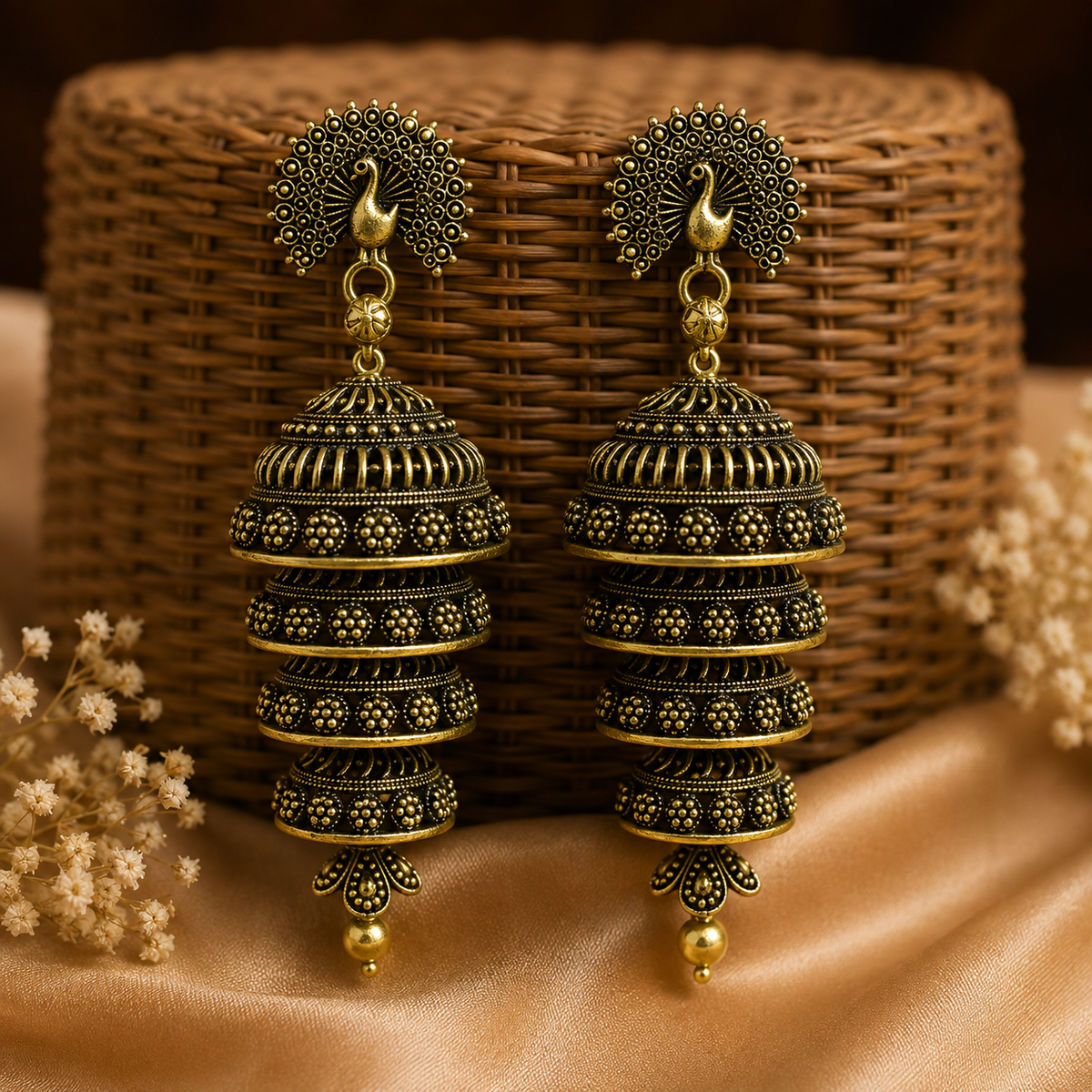 Antique Gold Peacock Long Jhumka Earrings for Women
