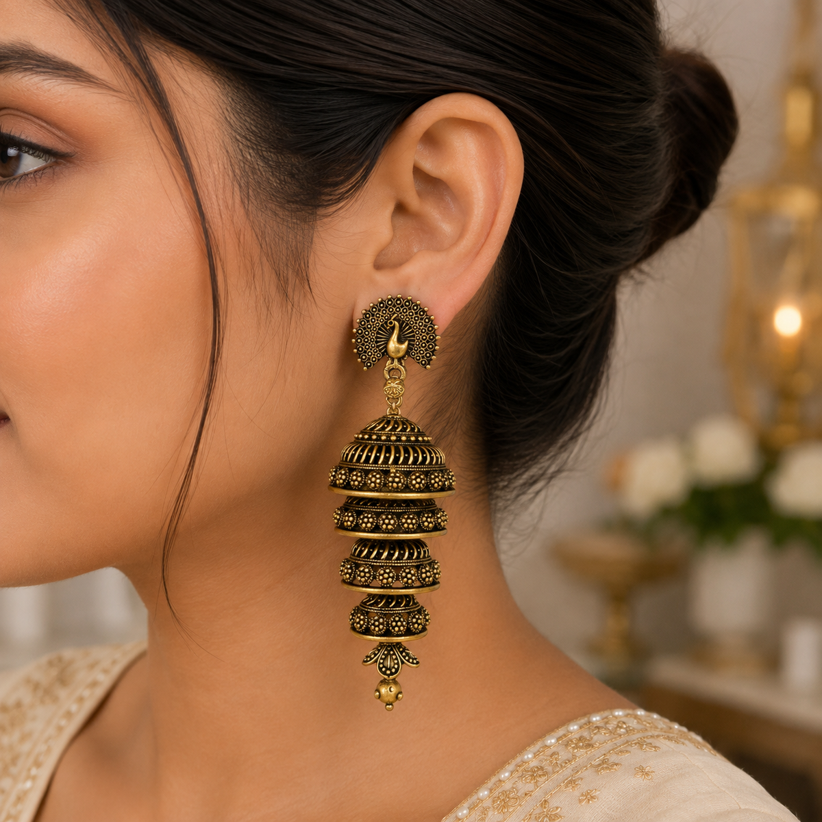 Antique Gold Peacock Long Jhumka Earrings for Women