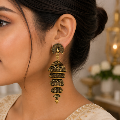 Antique Gold Peacock Long Jhumka Earrings for Women