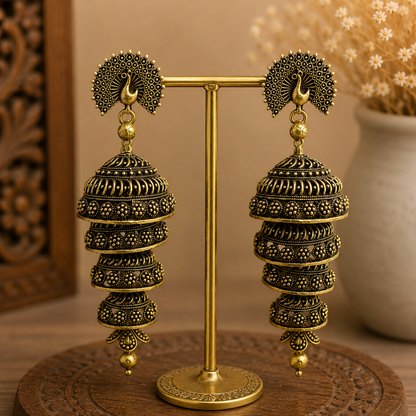 Antique Gold Peacock Long Jhumka Earrings for Women
