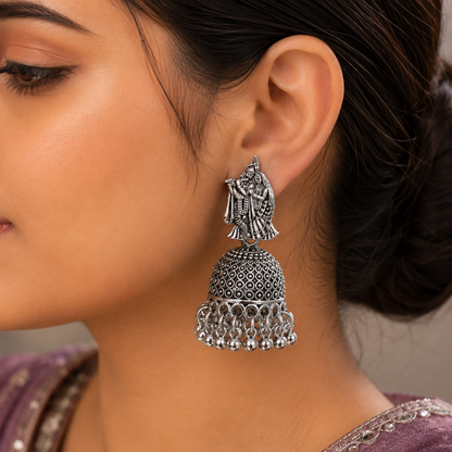 Lord Krishna Oxidised Silver Jhumka Earrings for Women