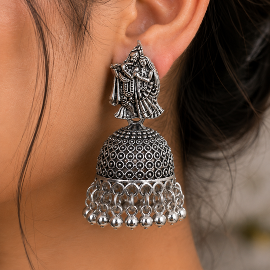 Lord Krishna Oxidised Silver Jhumka Earrings for Women
