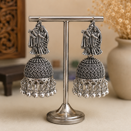 Lord Krishna Oxidised Silver Jhumka Earrings for Women